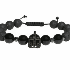 Pulseira Ônix com Hematita, Vulcânica e Berloque de Espartano