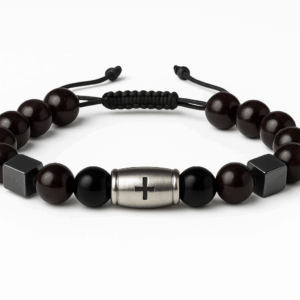 Pulseira Ônix com Hematita e Berloque de Aço